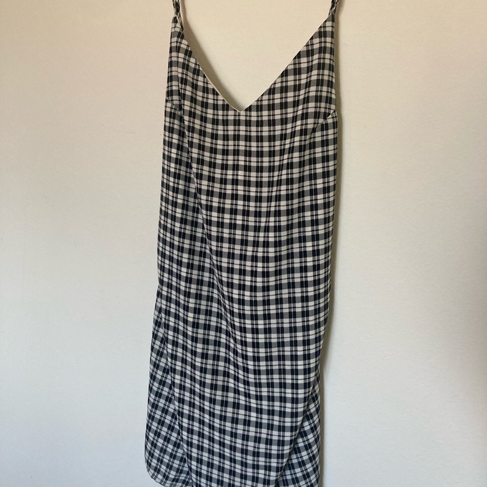 Black and white plaid V neck mini dress